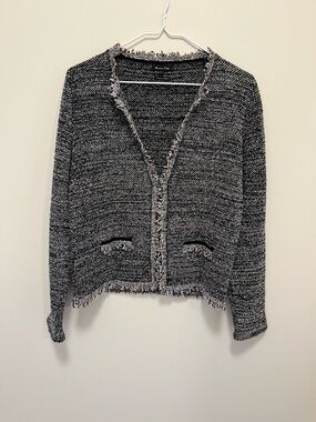 Massimo Dutti Black and White Textured Open Cardigan